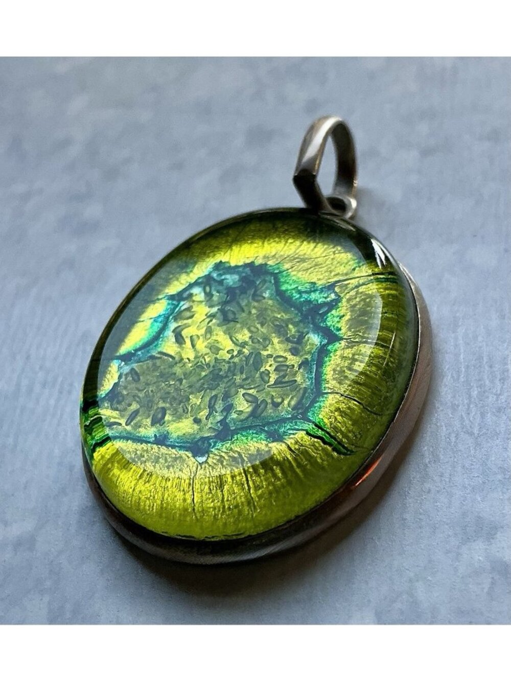 Artisan Dichroic Glass Sterling Silver Pendant Vibrant Greens Blue Springtime